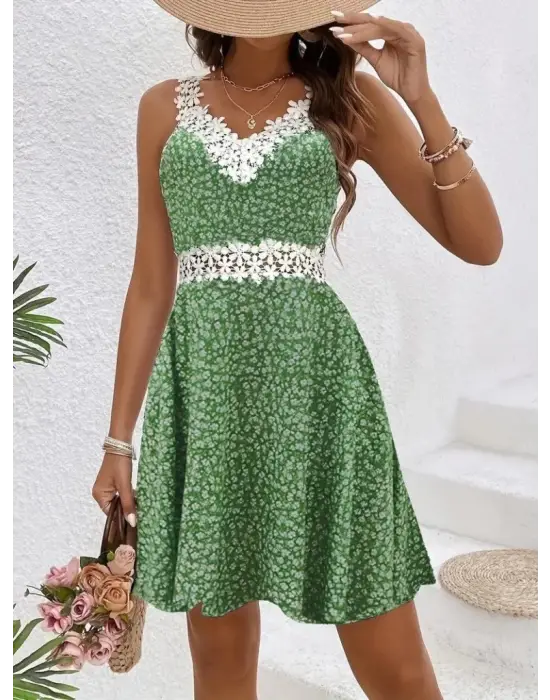 Omarı Dantel Yakalı Çiçek Desenli Supreme Elbise