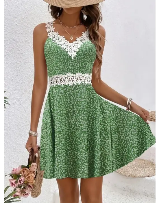 Kadın Askılı Dantel Yakalı çiçek Desenli Süprem Elbise