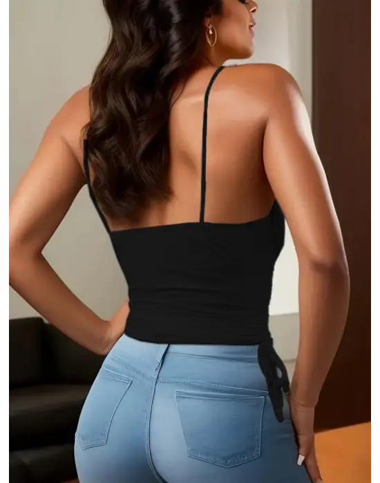 Kadın Askılı Degaje Yaka Yanlardan Büzgülü Sandy Bluz