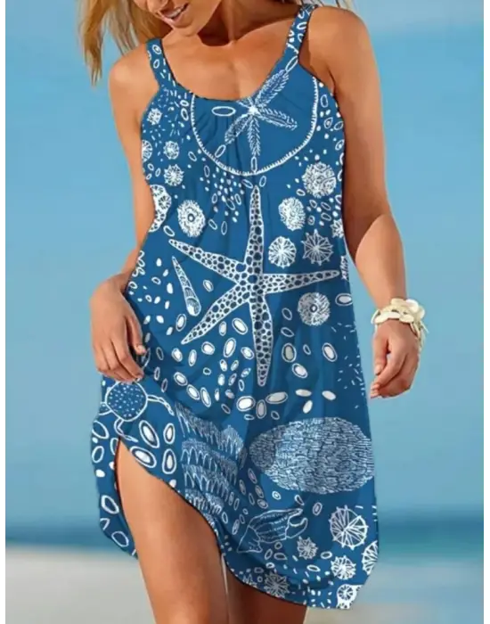 Kadın Askılı Deniz Yıldızı Desenli Süprem Elbise