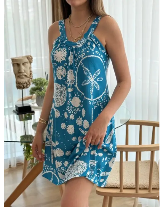 Kadın Askılı Deniz Yıldızı Desenli Süprem Elbise