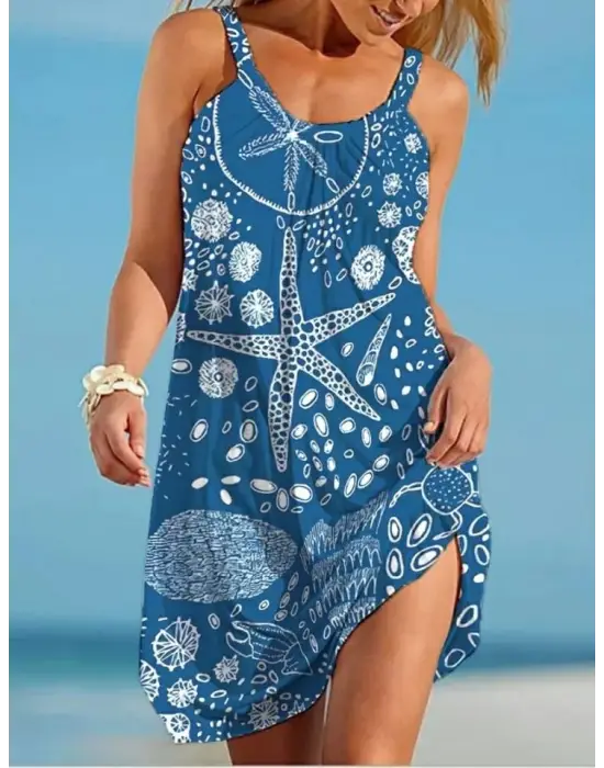 Kadın Askılı Deniz Yıldızı Desenli Süprem Elbise