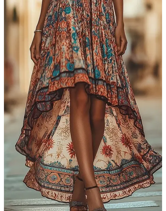 Kadın Askılı Derin Göğüs Detaylı Asimetrik Detaylı Süprem Elbise