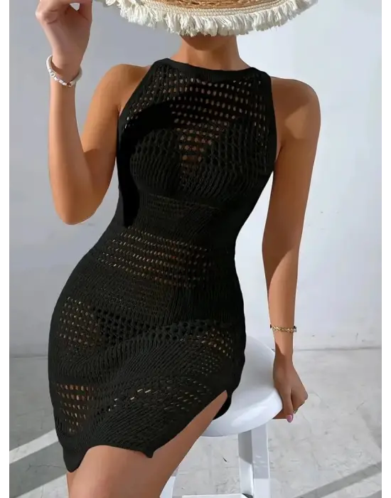 Omarı Derin Sırt Dekolteli Ajurlu Triko Pareo