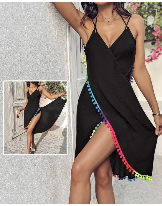 Kadın Askılı Derin V Yakalı çapraz Geçmeli Ponponlu Bürümcük Pareo