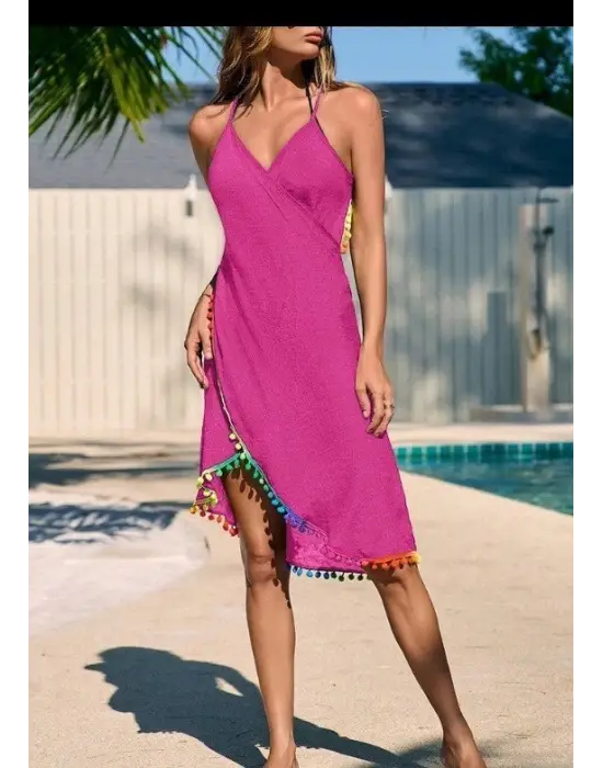 Kadın Askılı Derin V Yakalı çapraz Geçmeli Ponponlu Bürümcük Pareo