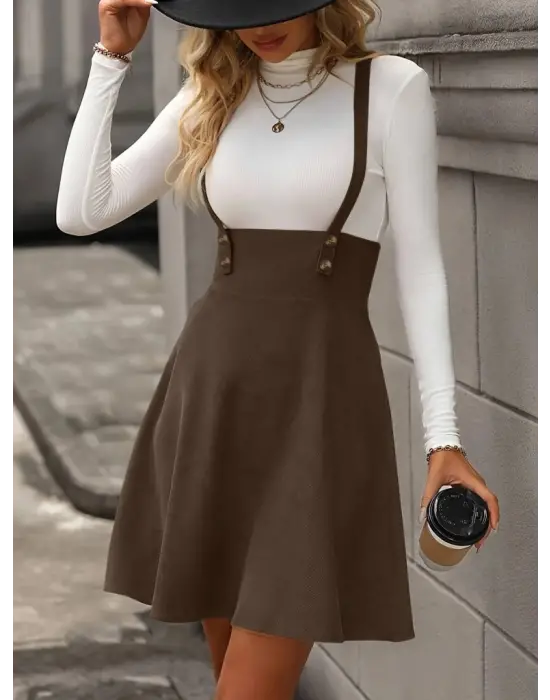 Kadın Askılı Düğmeli Mini Süet Elbise