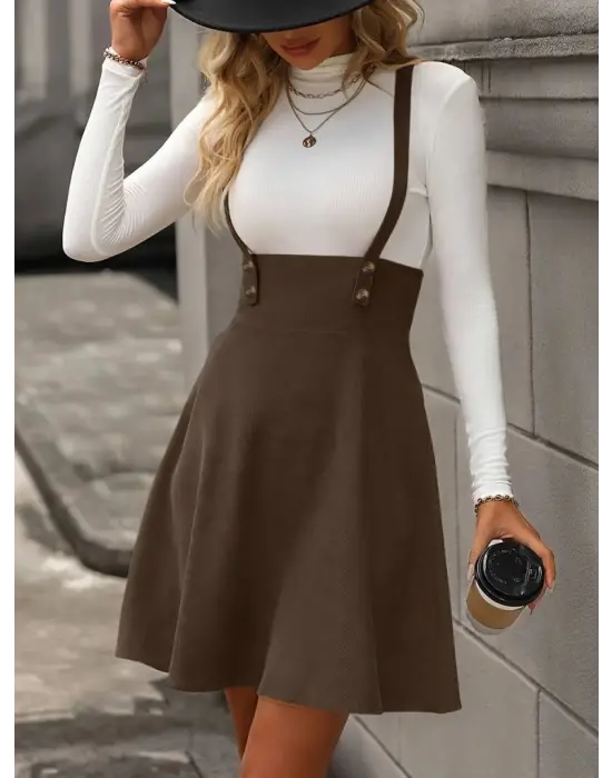 Kadın Askılı Düğmeli Mini Süet Elbise