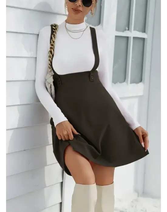 Kadın Askılı Düğmeli Mini Süet Elbise