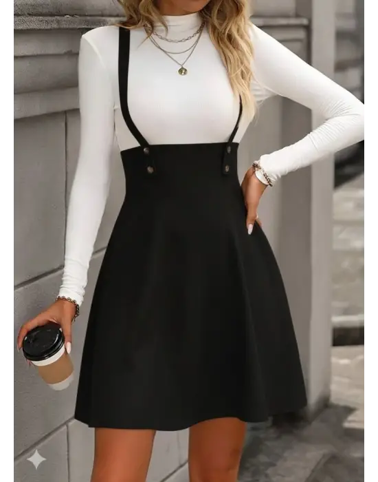 Kadın Askılı Düğmeli Mini Süet Elbise