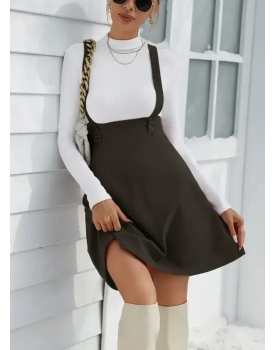 Kadın Askılı Düğmeli Mini Süet Elbise