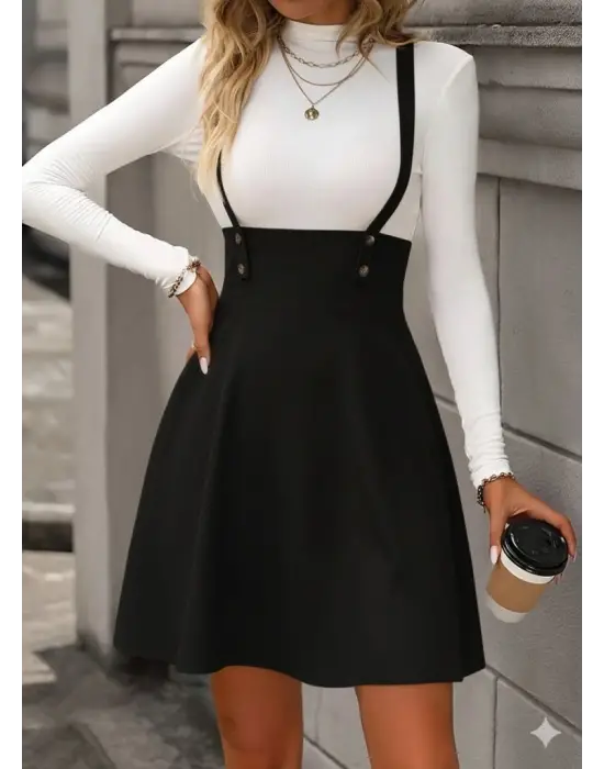 Kadın Askılı Düğmeli Mini Süet Elbise