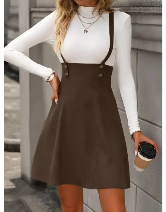 Kadın Askılı Düğmeli Mini Süet Elbise