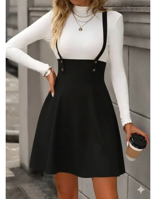 Kadın Askılı Düğmeli Mini Süet Elbise