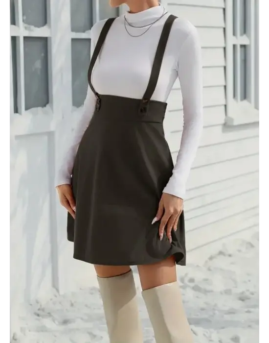 Kadın Askılı Düğmeli Mini Süet Elbise