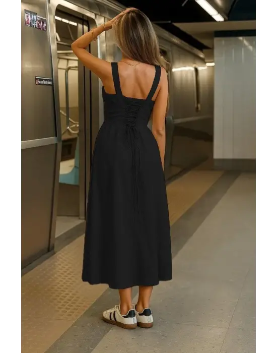 Kadın Askılı Geniş V Yakalı Sırttan Bağlamalı Yırtmaçlı Süprem Elbise