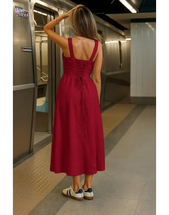 Omarı Yırtmaçlı Geniş V Yakalı Kadın Elbise