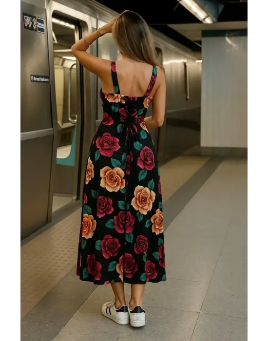 Kadın Askılı Geniş V Yakalı Sırttan Bağlamalı Yırtmaçlı Süprem Elbise