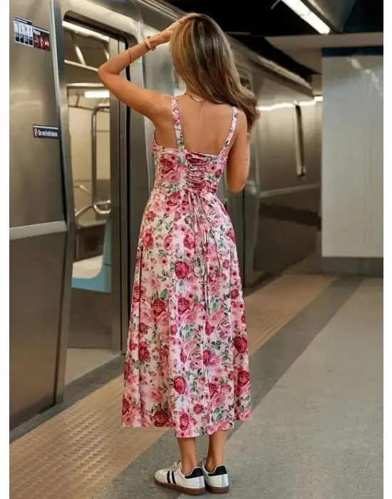 Kadın Askılı Geniş V Yakalı Sırttan Bağlamalı Yırtmaçlı Süprem Elbise