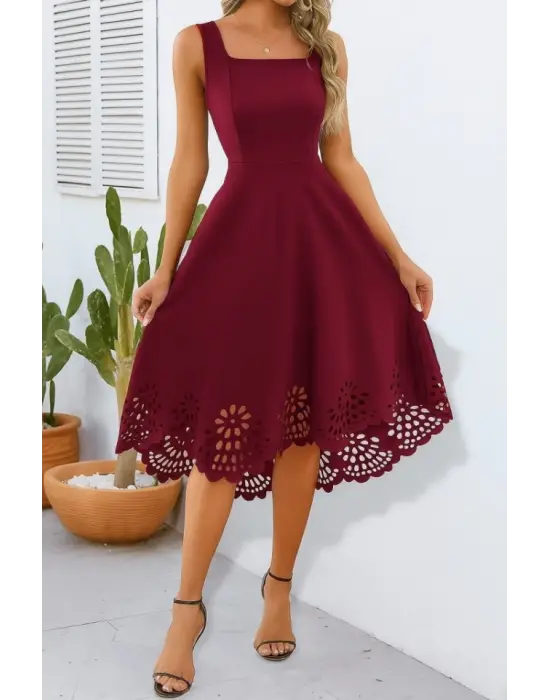 Kadın Askılı Geometrik Yaka çiçek Lazer Kesim Ithal Krep Elbise