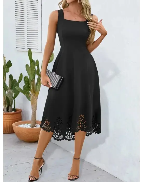 Kadın Askılı Geometrik Yaka çiçek Lazer Kesim Ithal Krep Elbise