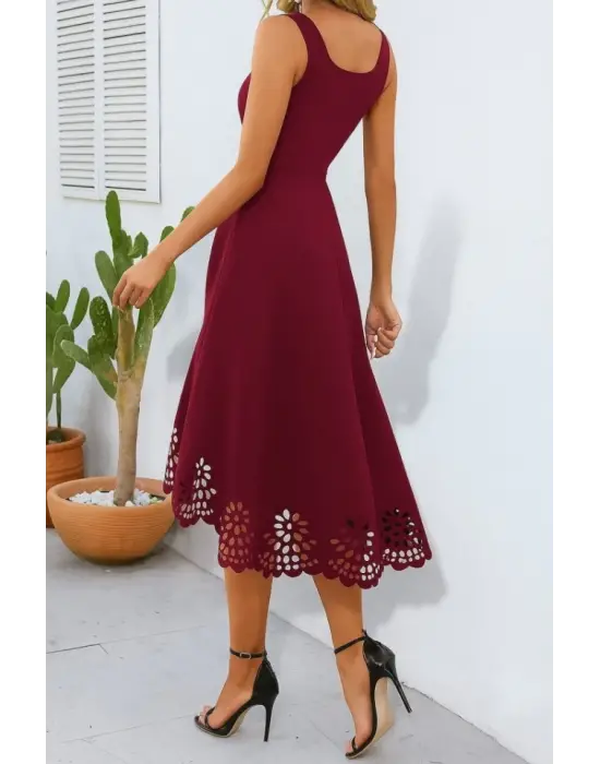 Kadın Askılı Geometrik Yaka çiçek Lazer Kesim Ithal Krep Elbise