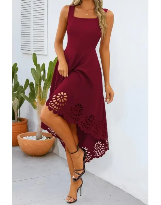 Kadın Askılı Geometrik Yaka çiçek Lazer Kesim Ithal Krep Elbise