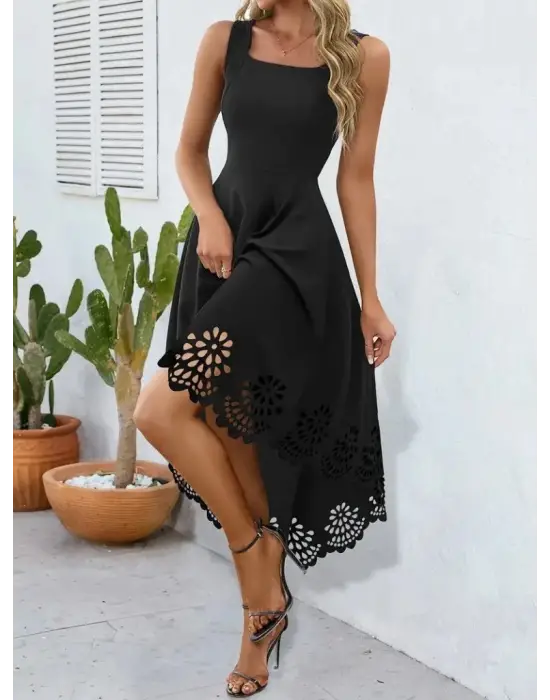 Kadın Askılı Geometrik Yaka çiçek Lazer Kesim Ithal Krep Elbise