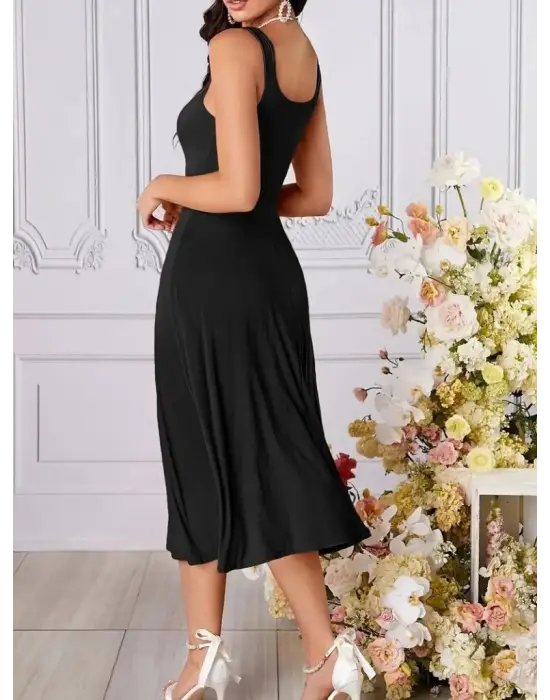 Kadın Askılı Geometrik Yakalı Geniş Kesim Detaylı Ithal Krep Elbise