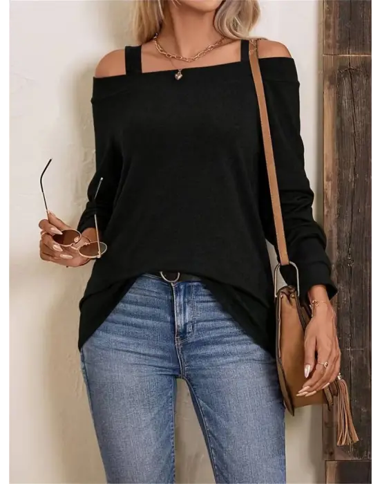 Kadın Askılı Iki Omuzu Açık Salaş Yün Viskon Bluz