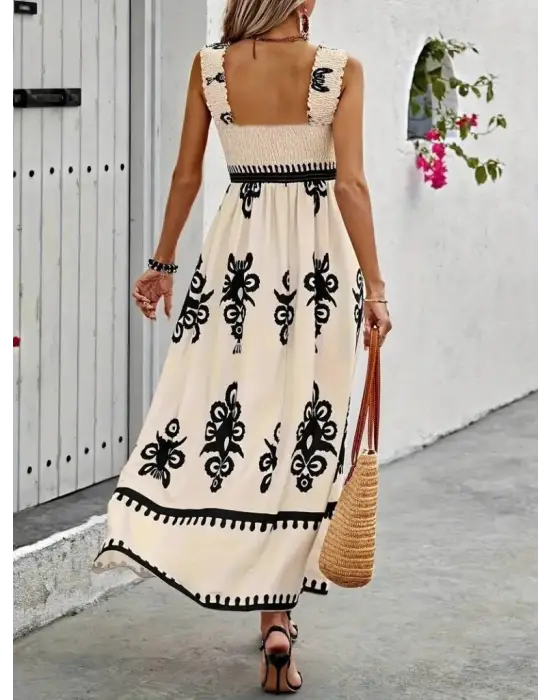 Kadın Askılı Kare Yaka Gipe Detaylı Desenli Suprem Elbise