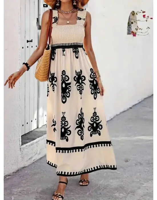 Kadın Askılı Kare Yaka Gipe Detaylı Desenli Suprem Elbise