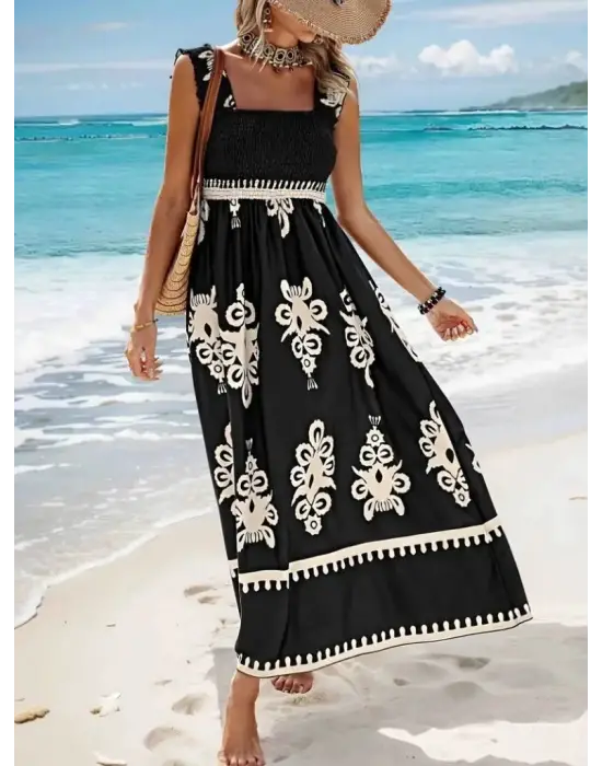 Kadın Askılı Kare Yaka Gipe Detaylı Desenli Suprem Elbise