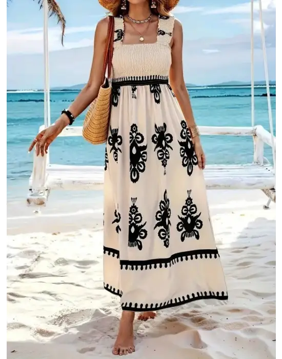 Kadın Askılı Kare Yaka Gipe Detaylı Desenli Suprem Elbise