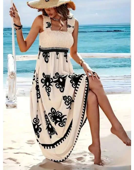 Kadın Askılı Kare Yaka Gipe Detaylı Desenli Suprem Elbise