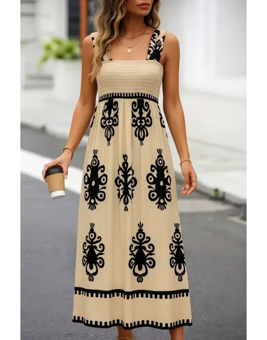 Kadın Askılı Kare Yaka Gipe Detaylı Desenli Suprem Elbise