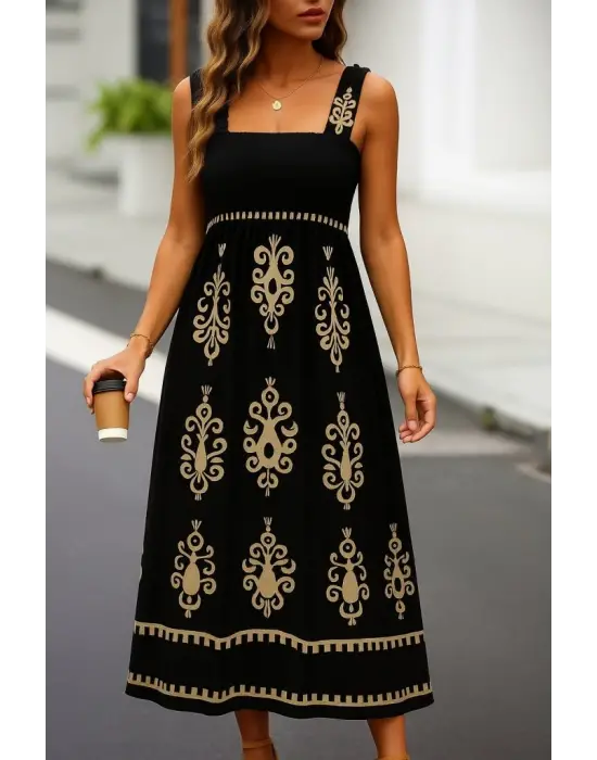 Kadın Askılı Kare Yaka Gipe Detaylı Desenli Suprem Elbise