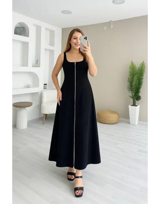 Omarı Fermuarlı Geniş Kesim Askılı Elbise