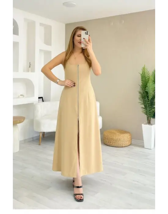 Kadın Askılı Kare Yaka önden Fermuarlı Geniş Kesim Janjan Krep Elbise