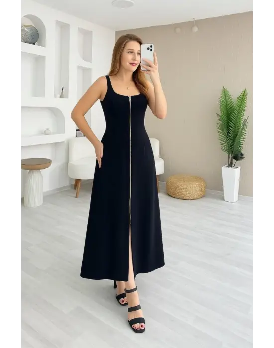 Kadın Askılı Kare Yaka önden Fermuarlı Geniş Kesim Janjan Krep Elbise