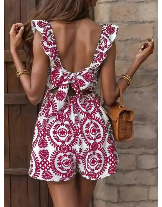 Kadın Askılı Kare Yakalı Arkadan Bağcıklı Desenli Keten Tulum