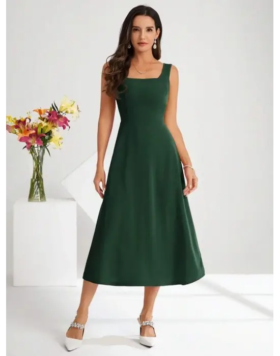 Kadın Askılı Kare Yakalı Midi Ithal Krep Elbise