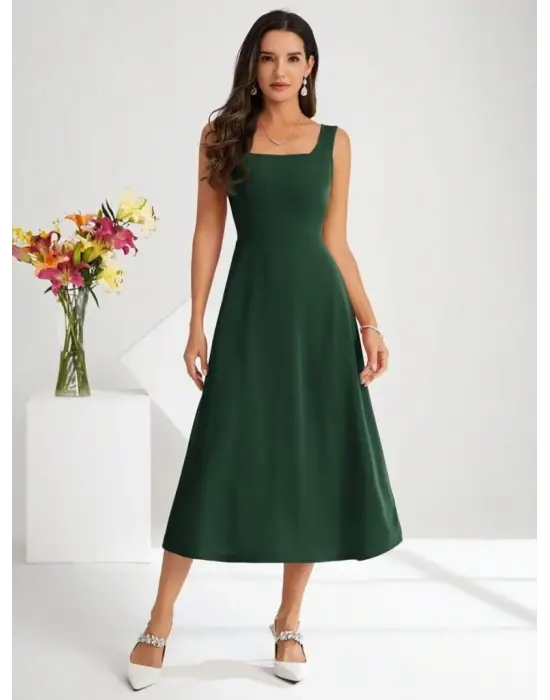 Omarı Kadın Askılı Kare Yakalı Midi Krep Elbise