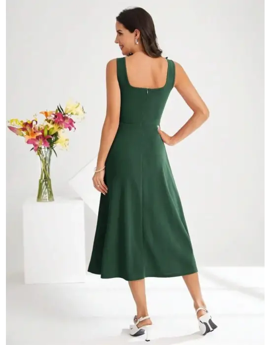 Omarı Kadın Askılı Kare Yakalı Midi Krep Elbise