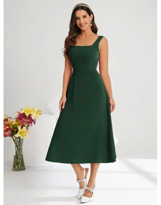 Kadın Askılı Kare Yakalı Midi Ithal Krep Elbise