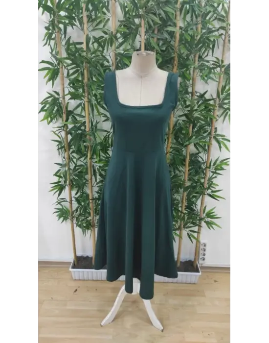 Omarı Kadın Askılı Kare Yakalı Midi Krep Elbise