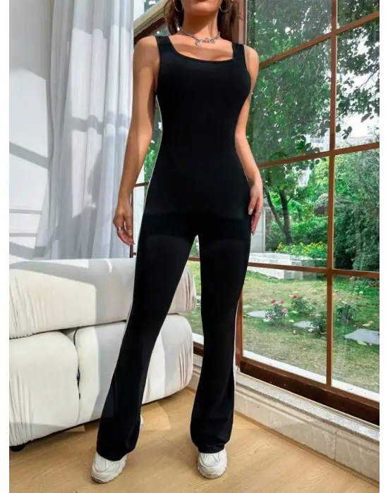 Kadın Askılı Kare Yakalı Yandan şeritli Uzun Dalgıç Tulum