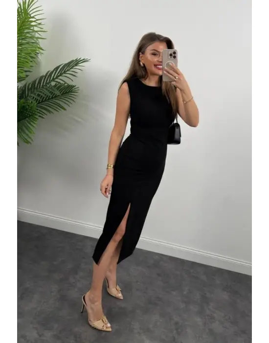 Kadın Askılı Kolsuz Belden Büzgülü Yırtmaçlı Midi Janjan Krep Elbise