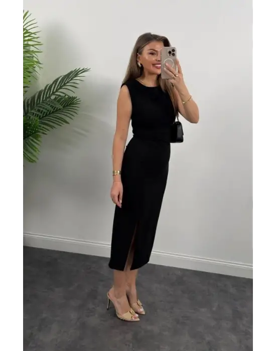 Kadın Askılı Kolsuz Belden Büzgülü Yırtmaçlı Midi Janjan Krep Elbise