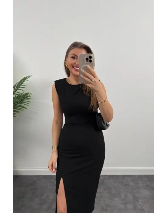 Kadın Askılı Kolsuz Belden Büzgülü Yırtmaçlı Midi Janjan Krep Elbise